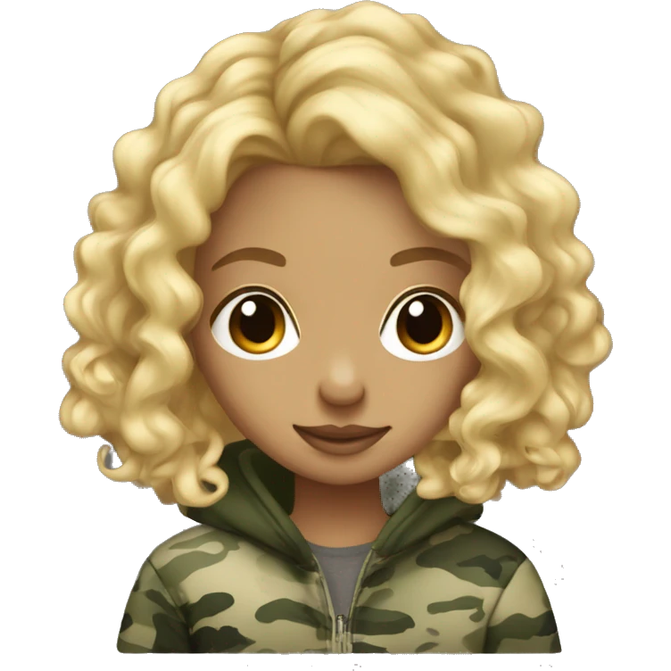 blonde girl long ringlet curls wearing camo hoodie  emoji