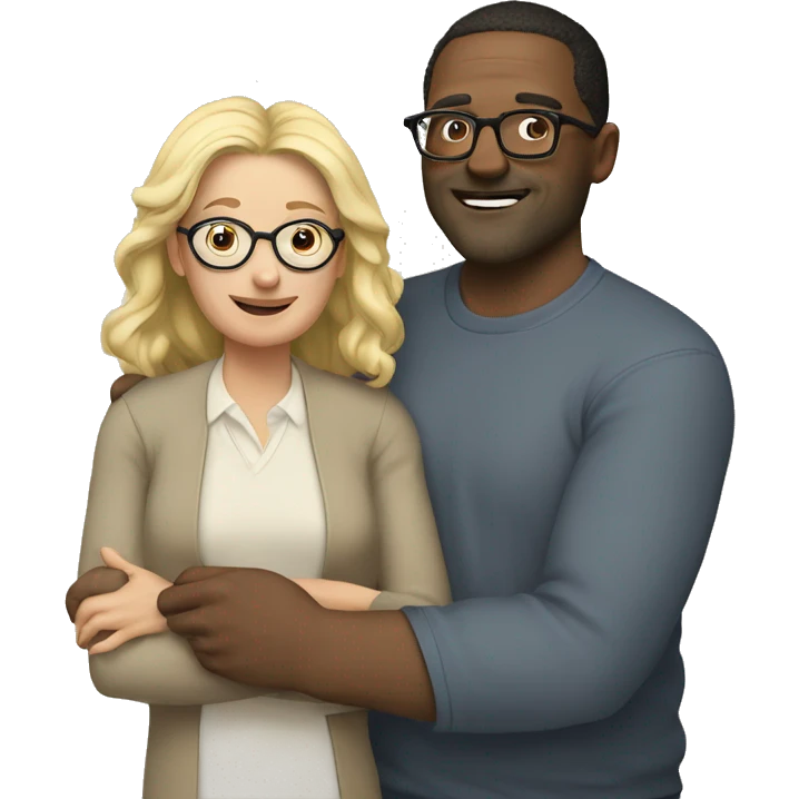 40 year old man with blond hair and glasses hugs a 40 year old woman with dark hair emoji