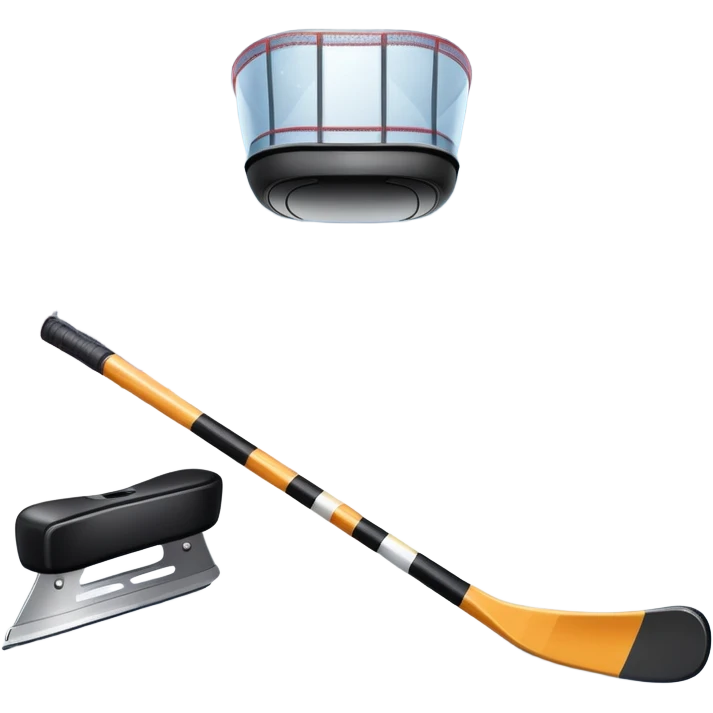 Please, make An icon featuring close-up shots of key hockey equipment: a hockey stick, puck, and skates. The background shows a packed stadium with cheering fans, bright arena lights, and an icy rink. Transparent background highlights the essentials of the game and the thrill of the sport. emoji