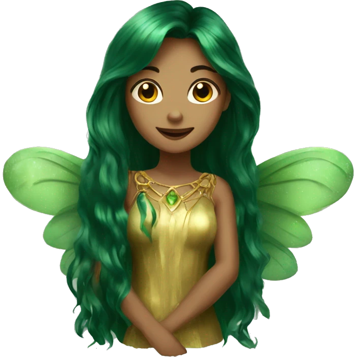Beautiful, fairy, gold, dark green, green, long hair, big wings emoji
