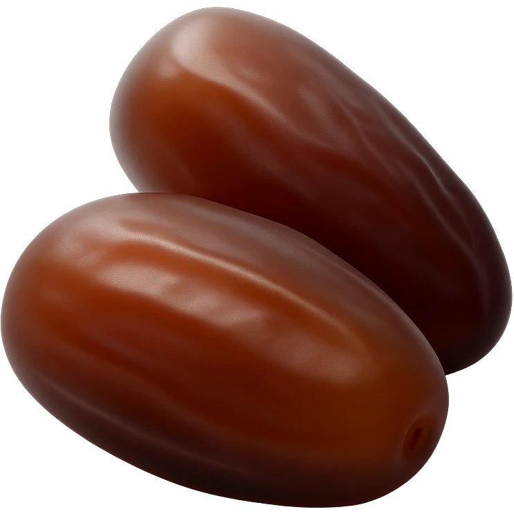 Show exactly two or three whole dates, glossy brown skin, slightly wrinkled, plump and soft, natural shape and color variation from deep amber to mahogany. Clustered together, no plate or extra elements, no faces. Clean 3D, soft shadows, transparent background, emoji scale. emoji