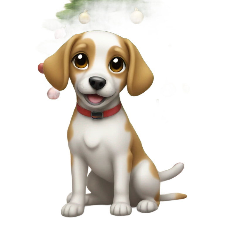Little Dog next to Christmas tree smiling emoji