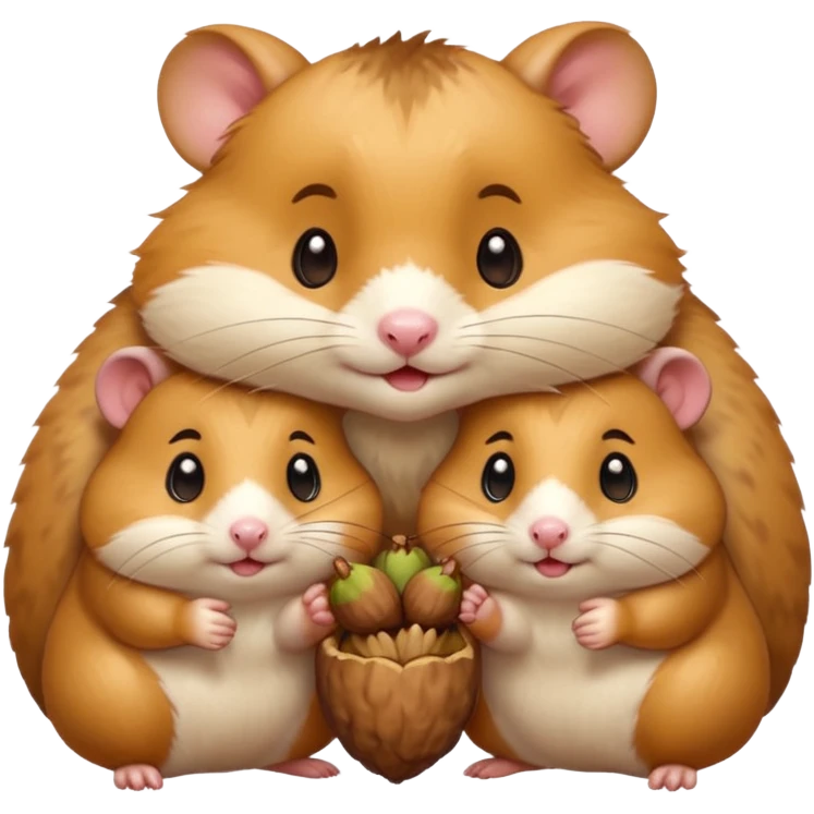 cartoon-style hamster sharing acorns with other cartoon-style hamsters emoji