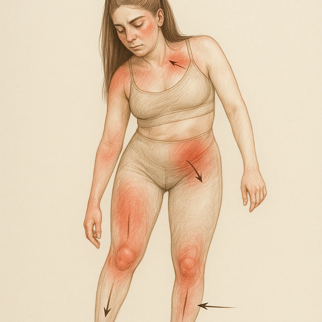Realistic clinical style illustration of a woman with tilted pelvis and asymmetric posture, showing clear signs of inflammation with redness on joints and muscles, anatomical details, neutral background, arrows indicating problematic areas. emoji