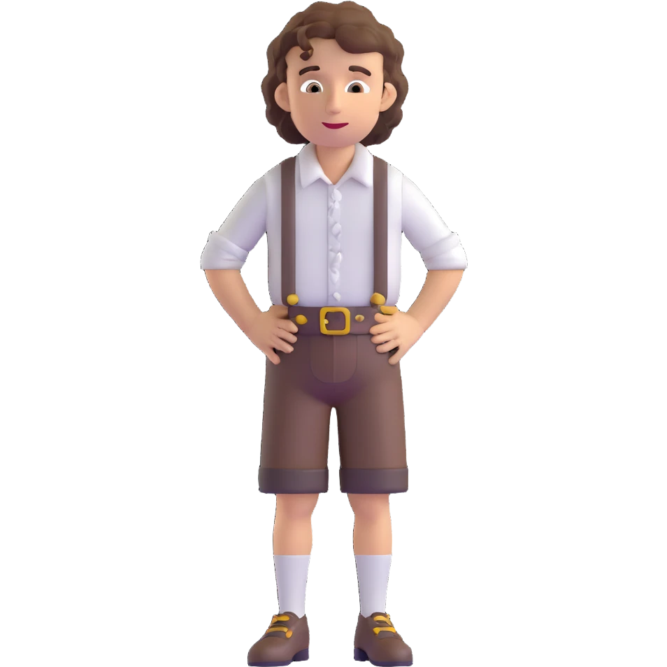 German person with brown curly hair in typical Bavarian clothing (lederhosen) shrugging and looking lost emoji