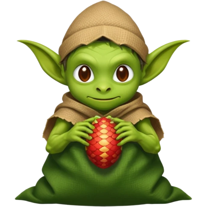 A retro pixel art goblin with a cloth sack over its back filled with dragon eggs. emoji