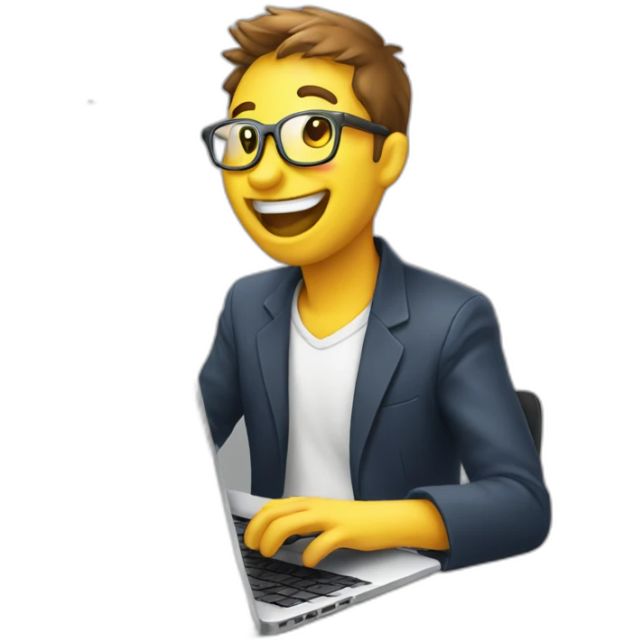 laughing programmer working on laptop that shoots firework emoji