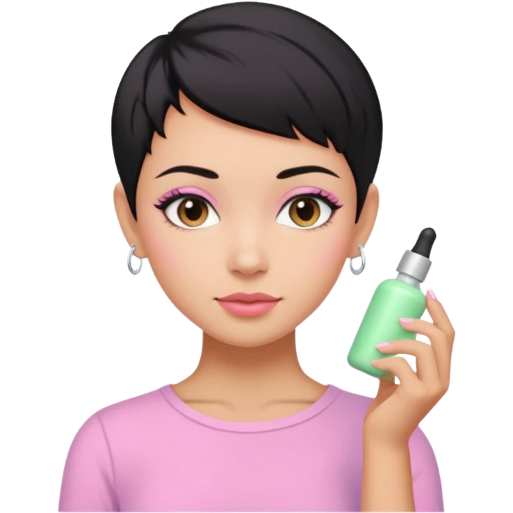 tan girl pink shirt with black hair & a pixie, cut no earrings, doing pastel colors skin care emoji