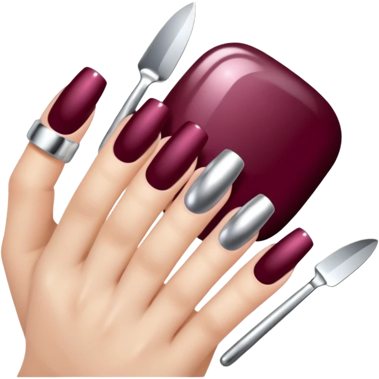 Silver chrome nail art Design and burgundy polish emoji