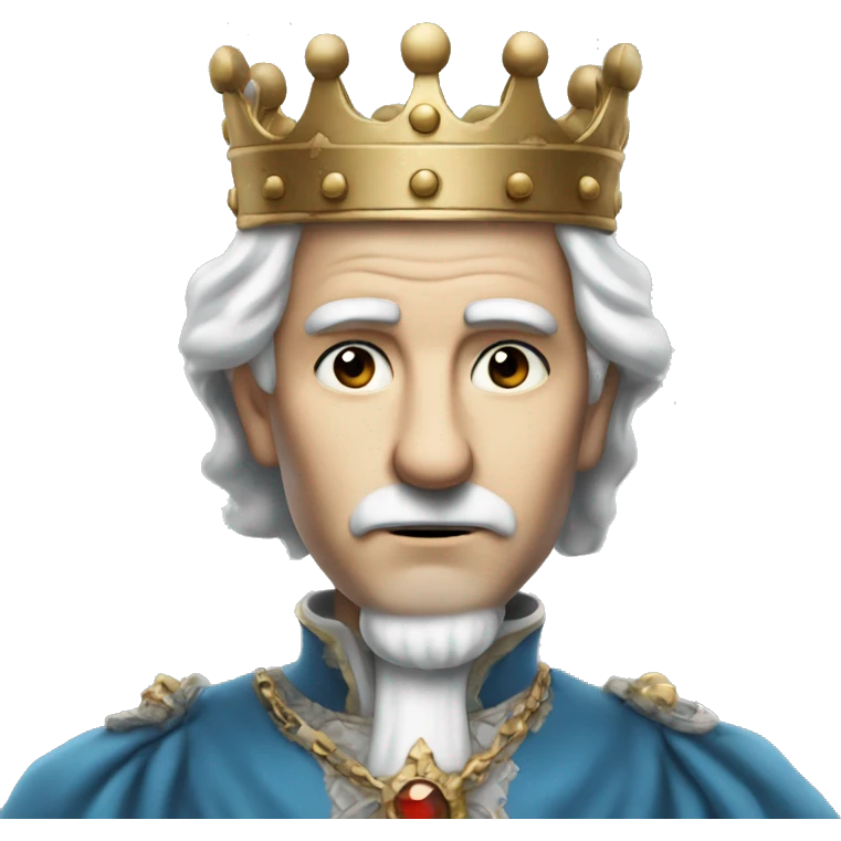 a king very old and pale with black eyes crown and white hair serious thin nose and blue clothes emoji
