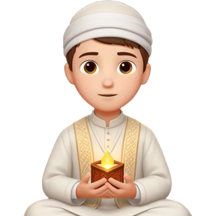 Personnage 3D mignon en style Pixar, un petit garçon portant un qamis blanc et un kufi, tenant un tapis de prière, entouré de lanternes brillantes, fond doux, couleurs chaudes, emoji