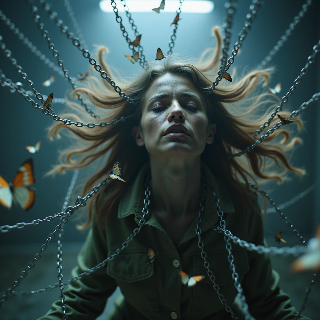 A hyperrealistic 4K image of a woman in zero gravity with hair swirling in confusion, chains of anxiety wrapped around her, face overwhelmed by anxiety, butterflies struggling inside the chains, cold harsh light, atmosphere saturated with anxiety. emoji
