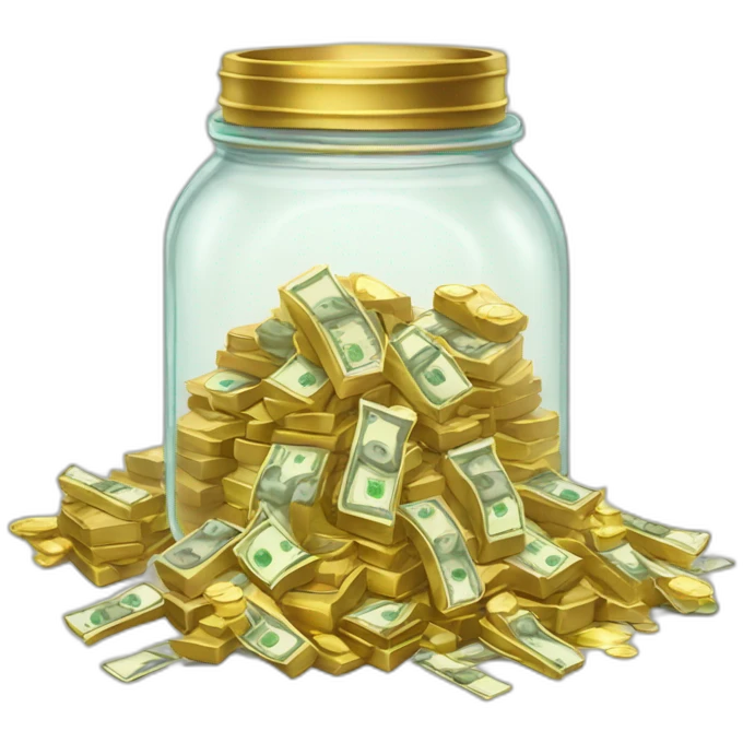 A clear jar overflowing with stacks of cash and gold  emoji