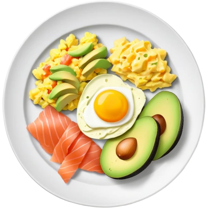 Breakfast plate with sliced avocado, scrambled-eggs and smoked salmon emoji