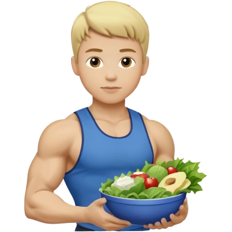 A young male person with a muscular, well-defined build. He has short blonde hair, a light skin tone, and a neutral facial expression. He wears blue cloth. He is holding a salad in one hand and a protein shake in the other. emoji