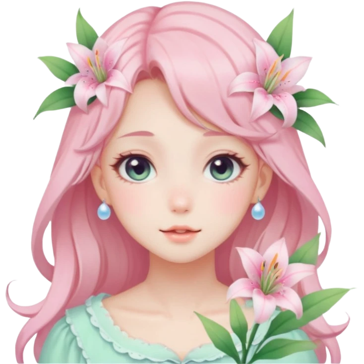 Gorgeous pastel anime style lady with blushing face and lilies cottagecore fairycore pastelcore colorful pearly romantic simplistic aesthetic trending style emoji