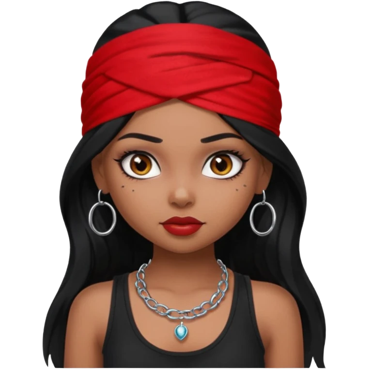 a pretty bratz dusky girl with long black hair, kajal under eyes, small silver hoop. black tank top on. Red bandana on emoji