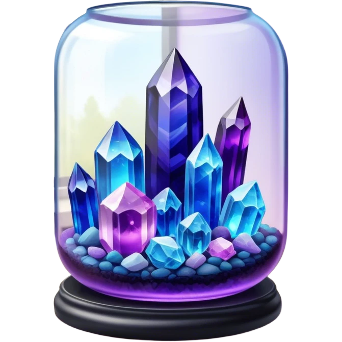 Close-up of vibrant crystals growing in a glass container on a table, with various colors like purple, blue, and clear. Some crystals are larger, while others are still forming. Soft light highlights their natural beauty. Background with a cozy indoor setting. emoji