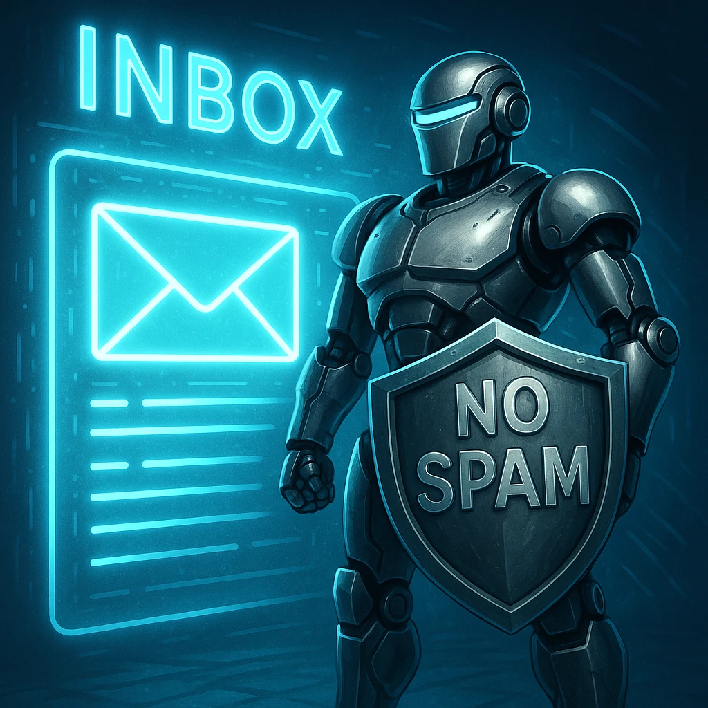 A robotic email bouncer agent character, metallic and sleek, with a shield marked 'No Spam', standing in front of a glowing inbox, confident and vigilant emoji