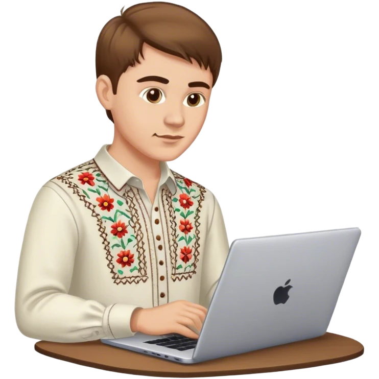 A Ukrainian guy with brown hair in an embroidered shirt works at his laptop emoji