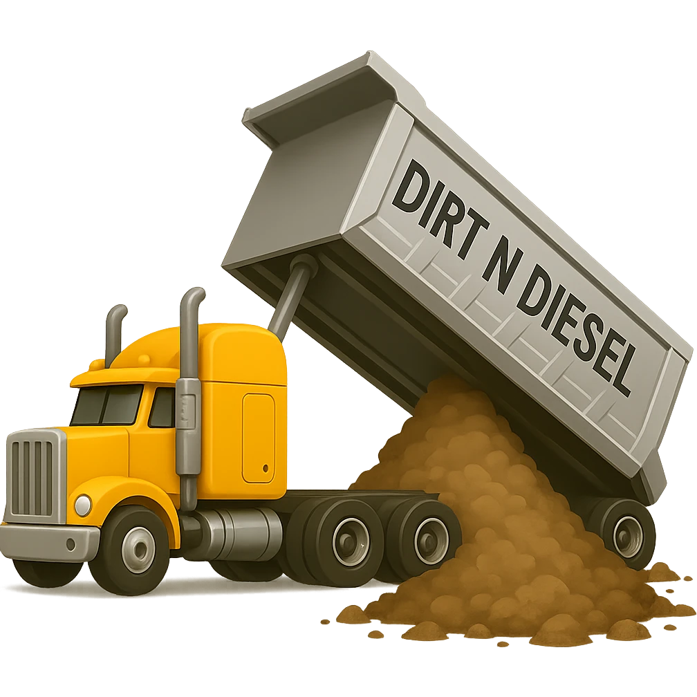 Add dirt pouring out of the silver trailer as it dumps, keep the yellow sleeper semi and the words 'Dirt n Diesel' visible. The style should resemble emoji style look with clear and simple shapes and colors, but use the general editor as emoji style does not support editing. emoji