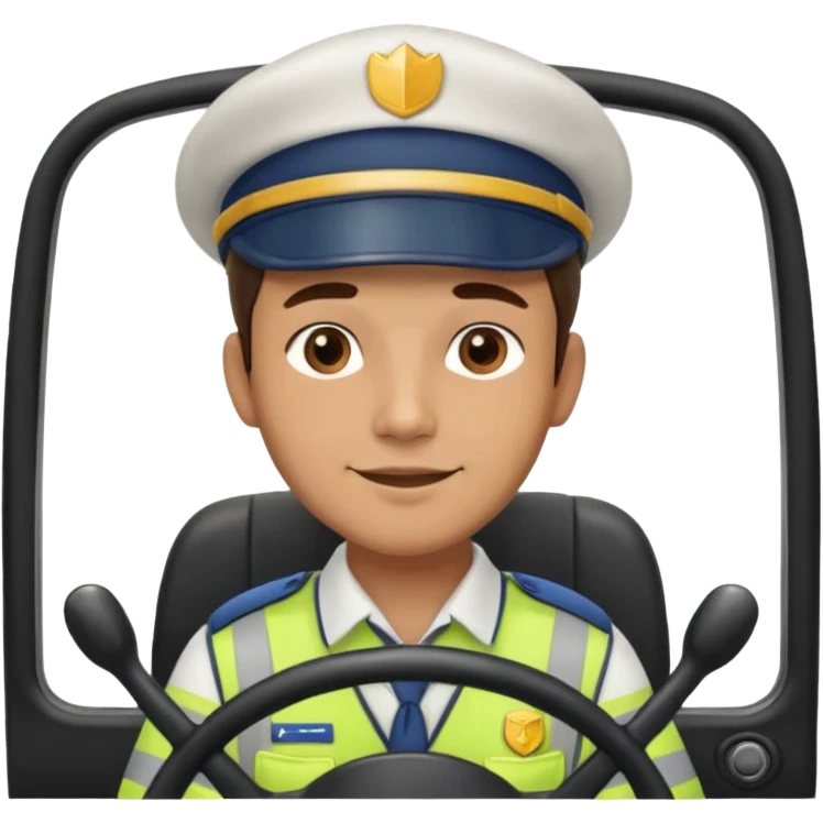 male bus driver, wearing a uniform and cap, friendly expression, sitting in front of a steering wheel emoji