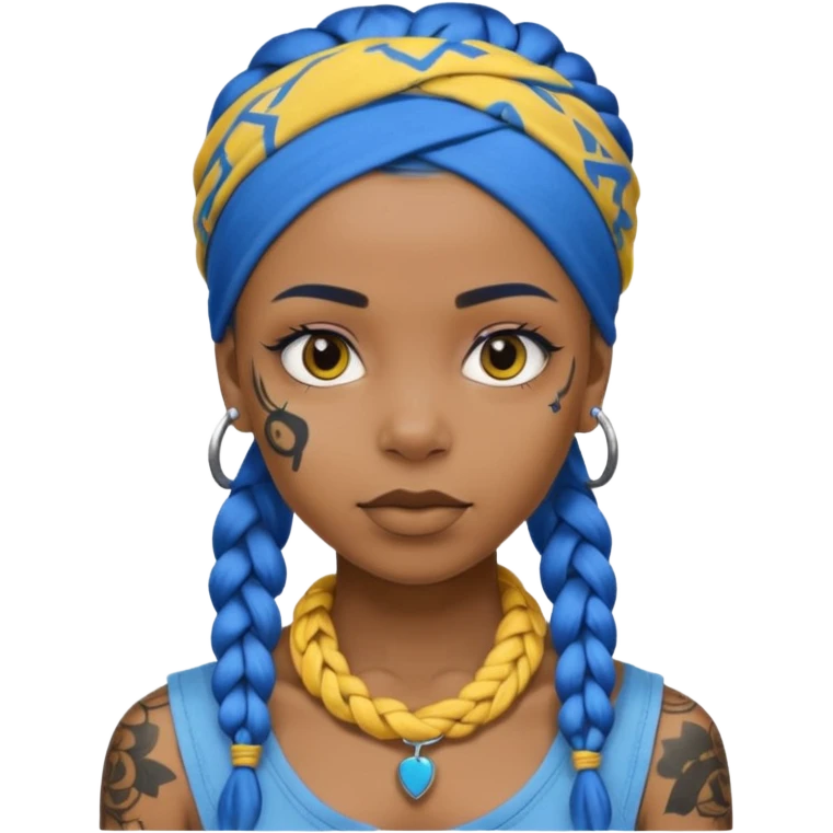 blue braided hair with yellow head bandana and lots of face tattoo black skin girl emoji