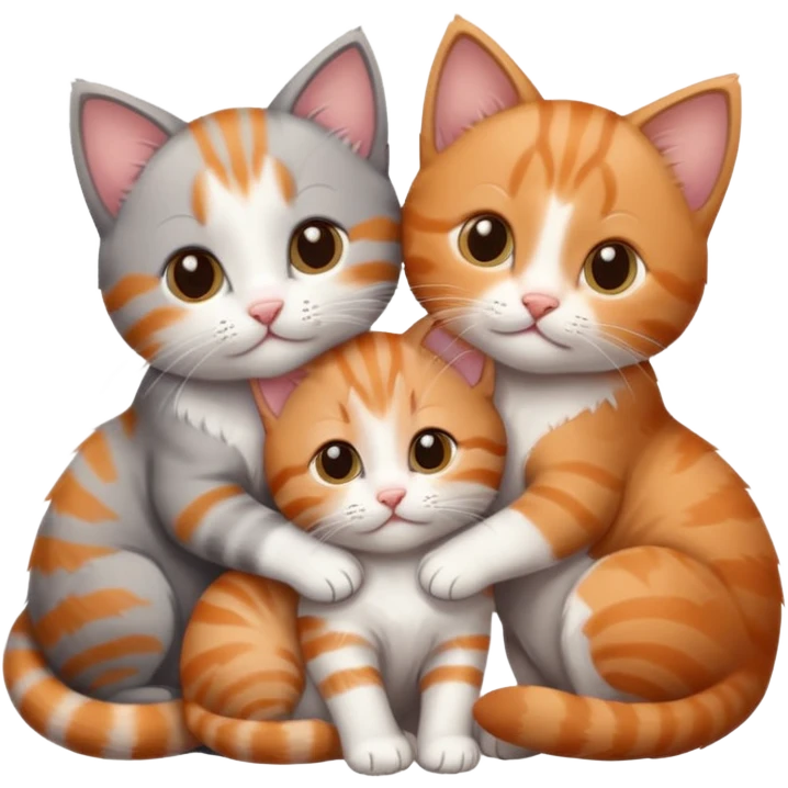 3 kittens cuddling together all different colours, the first one is grey and white, the second is ginger and white and the third is brown tabby and white emoji