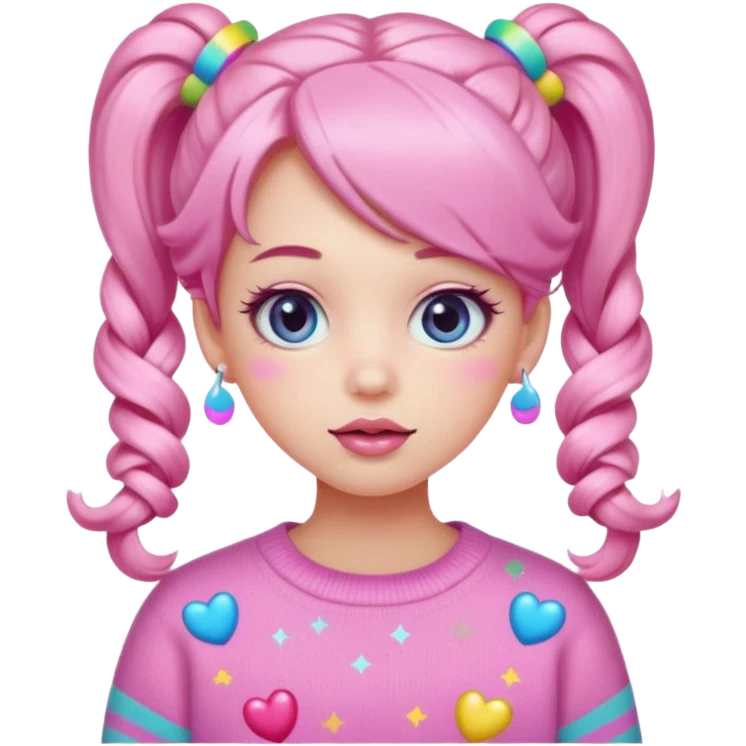 “Emoji girl, pastel pink blush, sparkly wide eyes, glossy bubblegum lips, hair in pigtails with colorful clips, oversized pastel sweater.” emoji