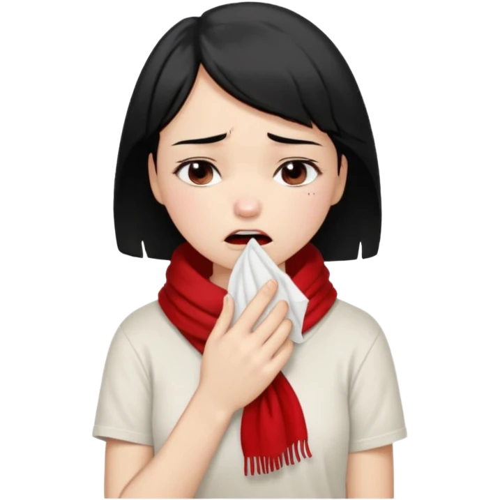 a pretty bratz fair girl crying in a loose oversized off white tshirt and red scarf with short black hair with a tissues in hand emoji