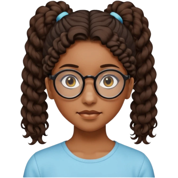 chica morena de ojos claros con gafas negras exagonales redondeadas. y pelo rizado castaño con todo el pelo recogido en una coleta .. Con todo el pelo recogido un clen look solamente una coleta tiene 16 años emoji
