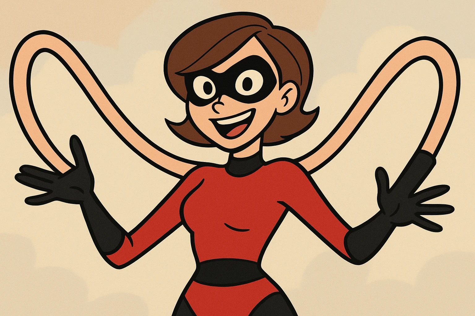 upper body of a cartoon superheroine with elastic arms, wearing a red and black suit, black gloves, and a mask, inspired by animated films emoji