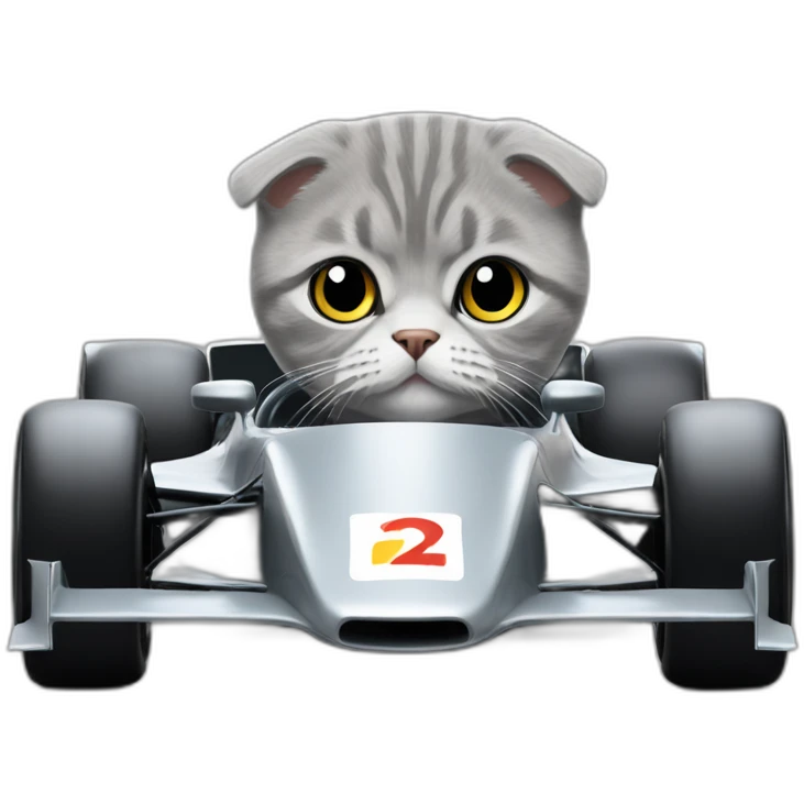 grey Scottish fold in a F1 car emoji
