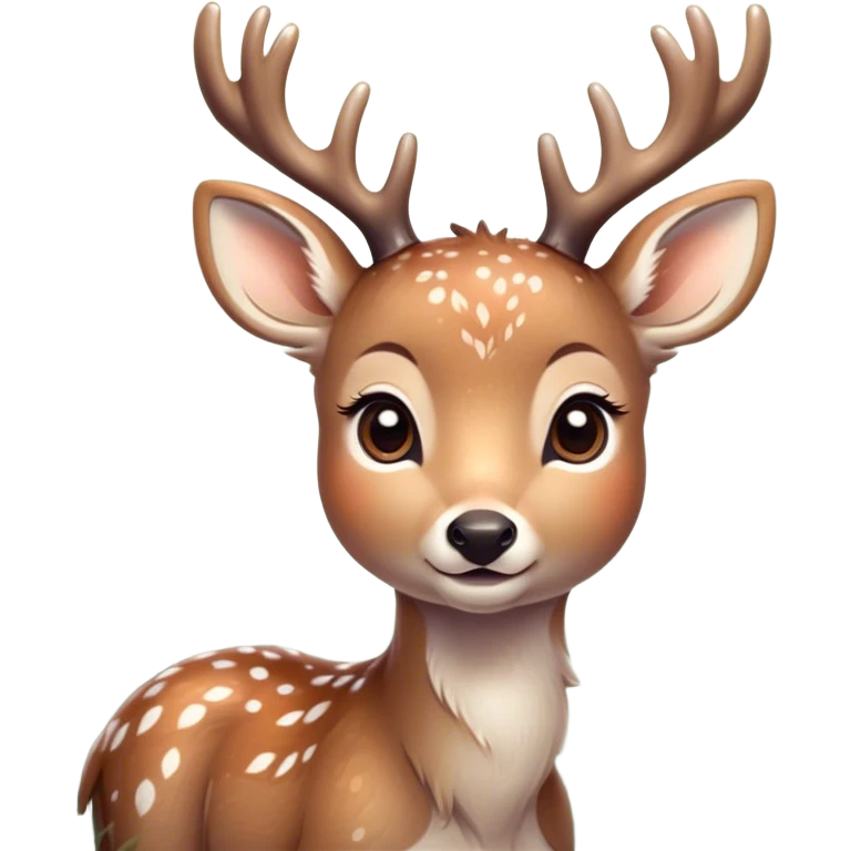 Cinematic Cute Deer Portrait Emoji, Head tilted playfully and inquisitively, showcasing a delicate Fur speckled with subtle white spots and gentle earth tones, round, sparkling eyes filled with curious wonder, Simplified yet irresistibly adorable features, highly detailed, glowing with a warm, friendly glow, high shine, affectionate and graceful, stylized with a touch of woodland whimsy, bright and endearing, soft glowing outline, capturing the essence of a mischievous yet loving fawn, so playful it feels like it could skip out of the screen into your arms! emoji