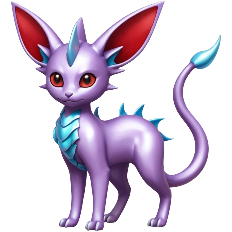 Mechanical Silvery Iridescent Miraidon-Espeon-Mewtwo-Vaporeon-Fakémon-hybrid-creature (full body)  with red eyes and intricate markings emoji