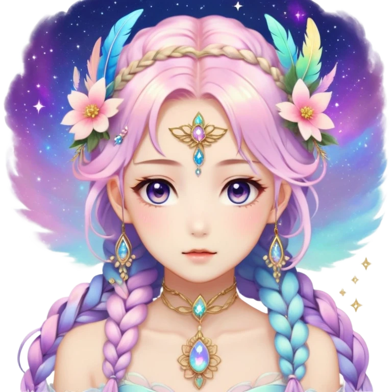 Beautiful gorgeous anime lady with beautiful iridescent-nebula-braided-hair, fashion aesthetic, ethereal, fairycore, pastelcore, feathers, flowers, gems, accessories, jewelries, gold, colorful emoji