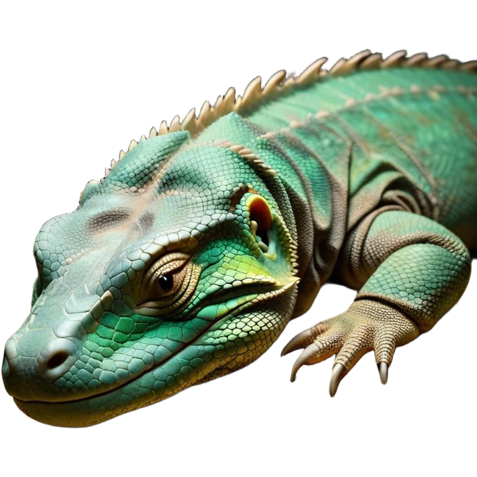 Meme-Worthy cute Sleeping Komodo Dragon Lizard Portrait Emoji, Head resting peacefully with a contented smile, showcasing a rugged, textured form and eyes gently closed in serene slumber, Simplified yet comically adorable features, highly detailed, glowing with a soft, drowsy glow, high shine, relaxed and utterly lovable, stylized with an air of playful laziness, bright and heartwarming, soft glowing outline, capturing the essence of a sleeping ancient guardian that feels destined to become the next viral icon of adorable rest! emoji