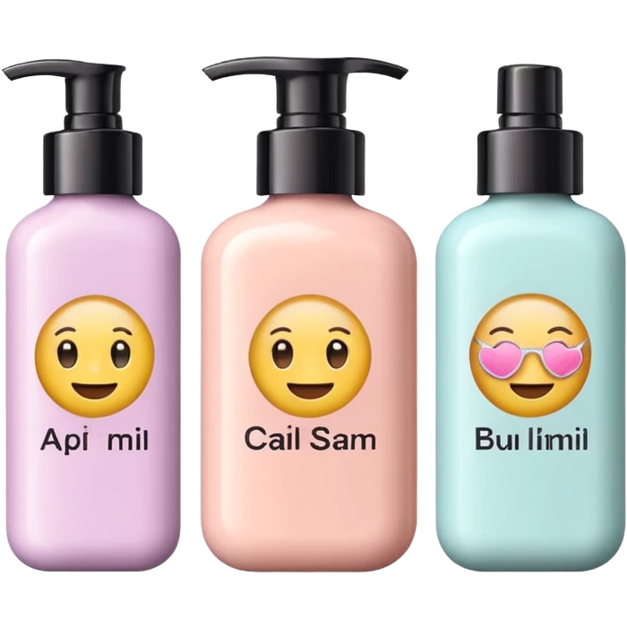 emoji of three different beauty products, with brand labels, minimalistic but luxury design (realistic), pastel colors emoji