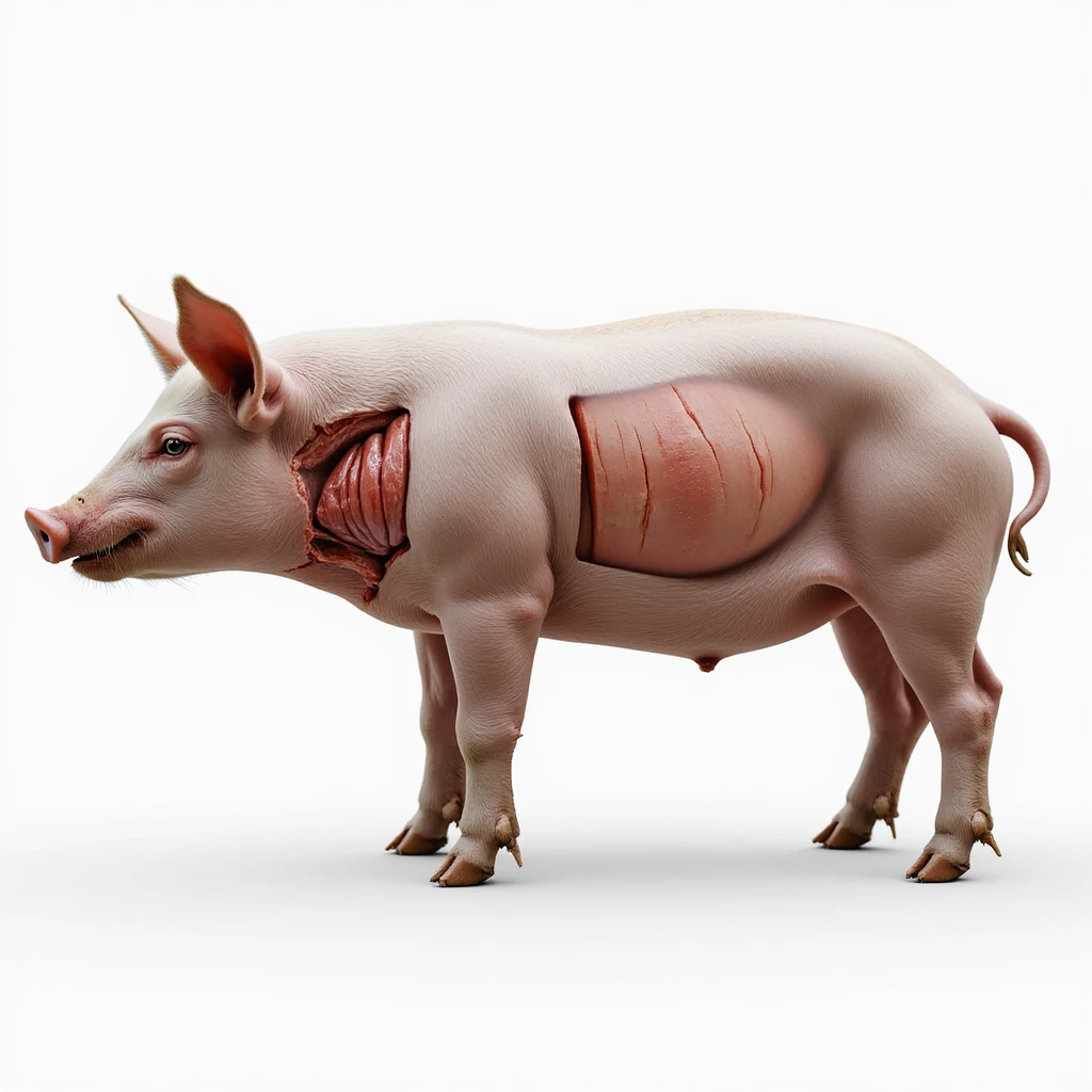 pig in profile view with a transparent anatomical overlay showing the thyroid position in the neck, rest of the body intact, white background, clean educational style, hyperrealistic 4K emoji