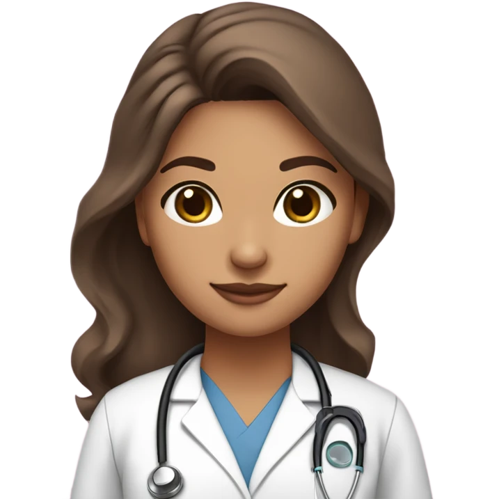 Tan skin color girl with dark brown eyes and long thick eyelashes. She has long brown wavy hair. She has a pink scrubs set on her as her clothes, with a pink stethoscope around neck.  emoji