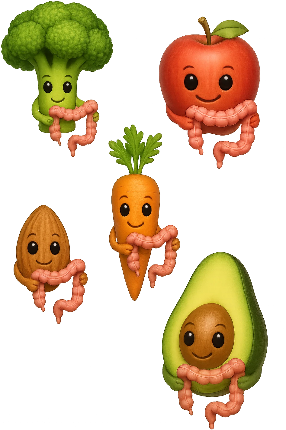 cibo sano fluttua in aria verticalmente stringendo piccoli colon umani, stile emoji iphone, iperrealistico 4k emoji