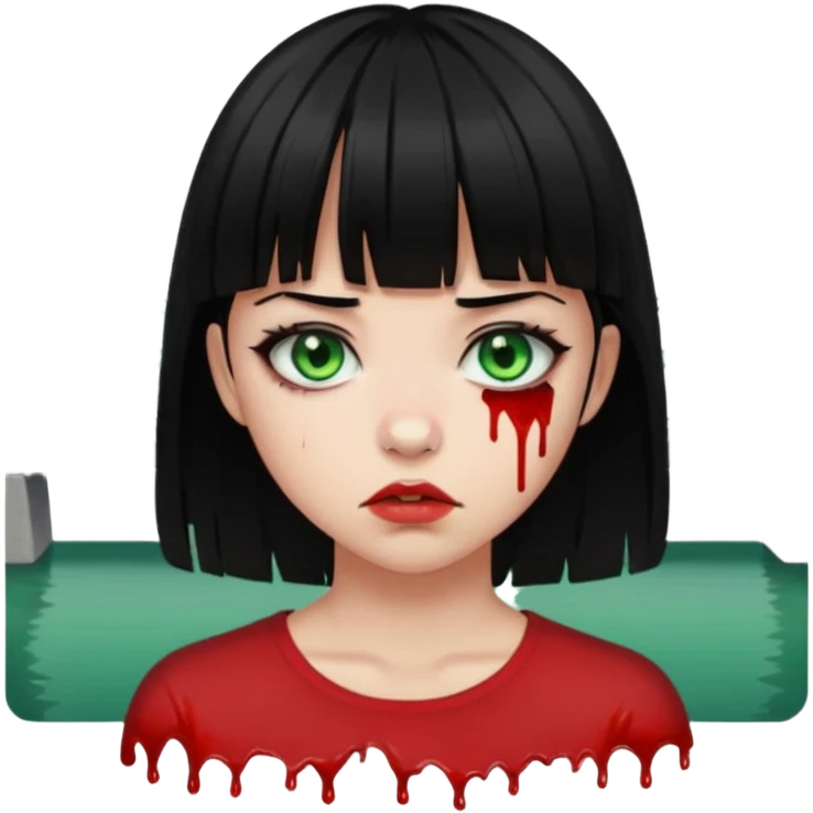 Guria com cabelo preto franjinha sangrando olhos verdes  fundo preto e um piercing bridgepiercing emoji