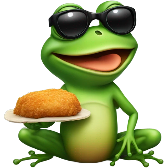 frog wearing sunglasses and eating a chicken emoji