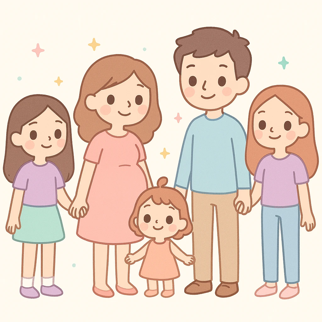 cute illustration of a family: father, pregnant mother, two teenage girls, and a 2-year-old girl, all holding hands emoji
