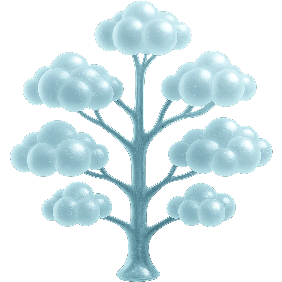 one tree with many branches, each branch covered with small, very bright white, saturated color, fluffy convex clouds, matte glass style emoji