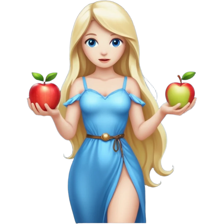 full body woman long blonde hair blue eyes white skin holding glowing apple like forbidden fruit emoji