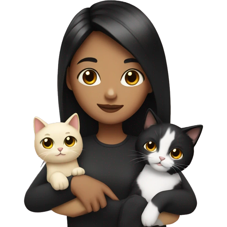 Girl with black hair and blonde highlights with one black cat and one white cat in her arms  emoji
