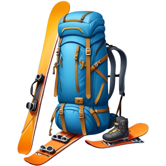 Icon for Mountain Tourism: a snowy peak landscape with skis, a snowboard, climbing equipment, a backpack and a camera. The icon should represent the adventure and excitement of mountain travel and outdoor exploration. Transparent background. emoji