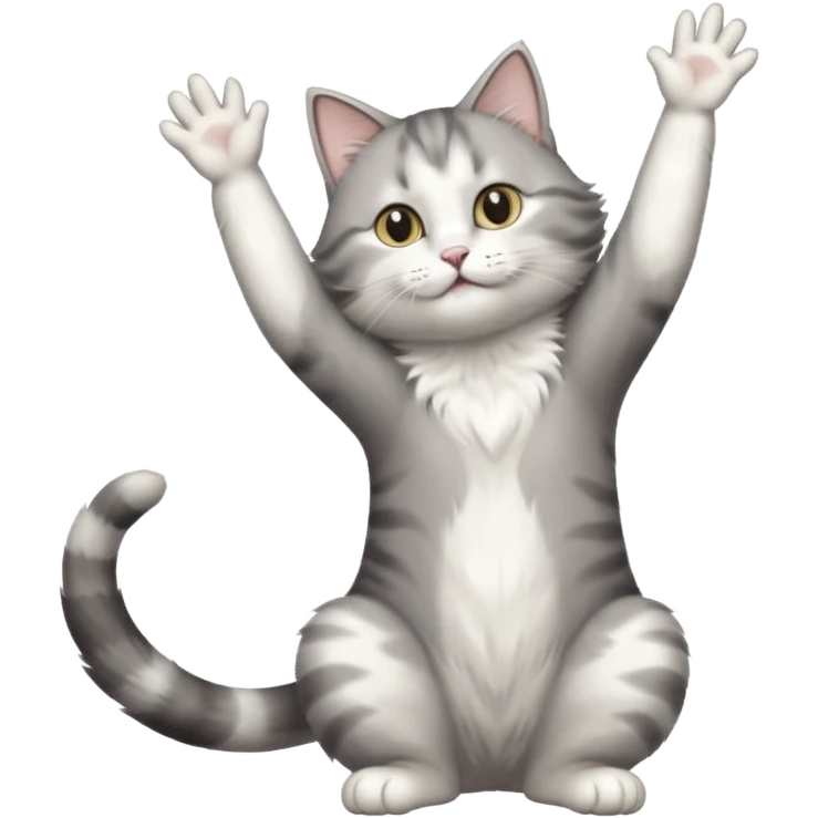 grey and white cat doing a big long stretch reaching up into the air with arms and legs side by side together emoji