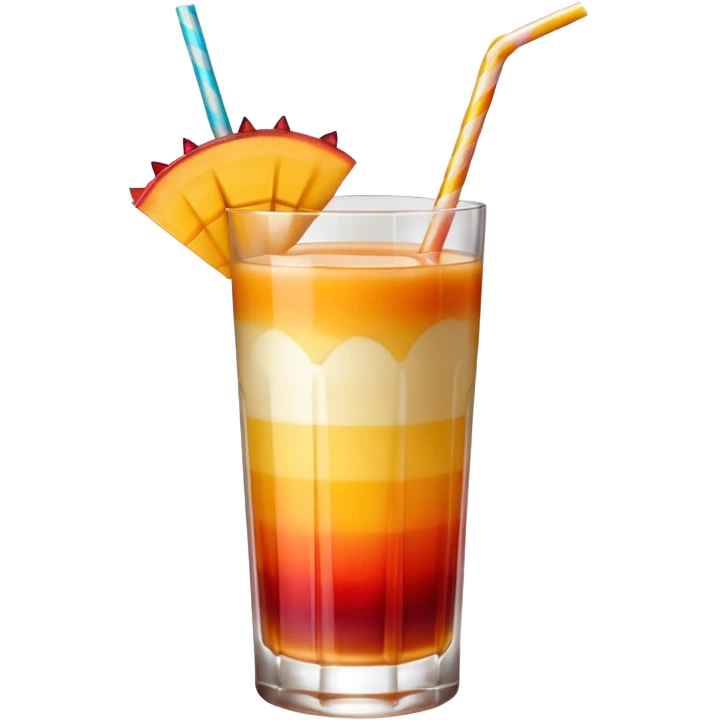 A beautiful cocktail with a gradient from red to orange, topped with mango pudding and lined with a striped straw. emoji